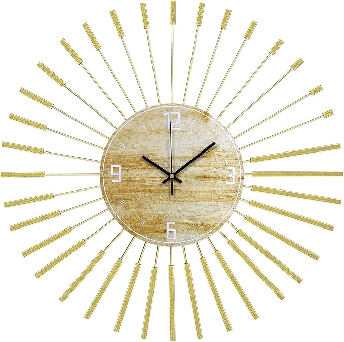 23.6 inch Gold Starburst Wall Clock, Metal & Wood Mid Century Modern Decorative - Image 7