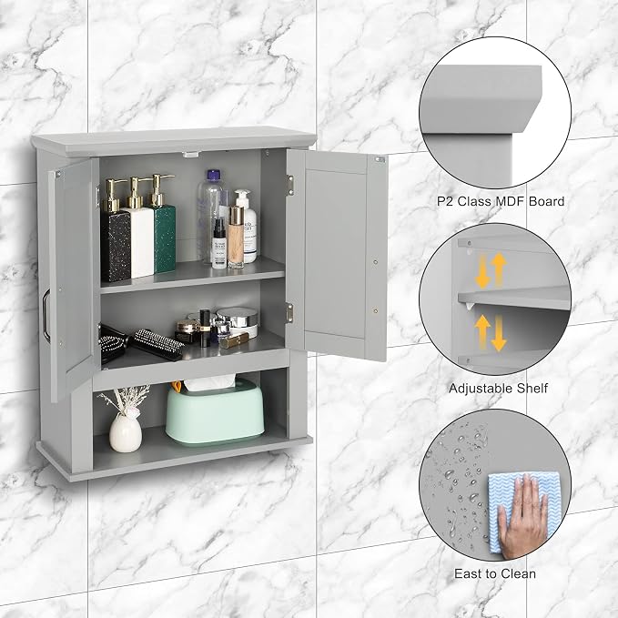 VINGLI Medecine Cabinet with 2 Doors Bathrooom Wall Cabinet Grey Over The - Image 5