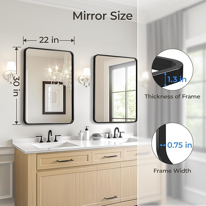 USHOWER 2-Pack Black Bathroom Mirrors Over Sink 22 x 30 Inch, Metal Frame - Image 6