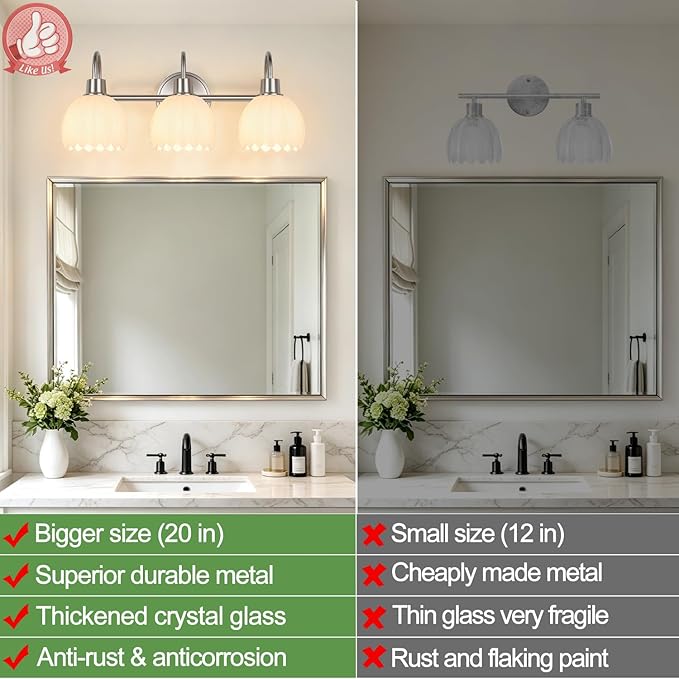 Bathroom Light Fixtures, 3-Light Brushed Nickel Bathroom Vanity Light Over - Image 4