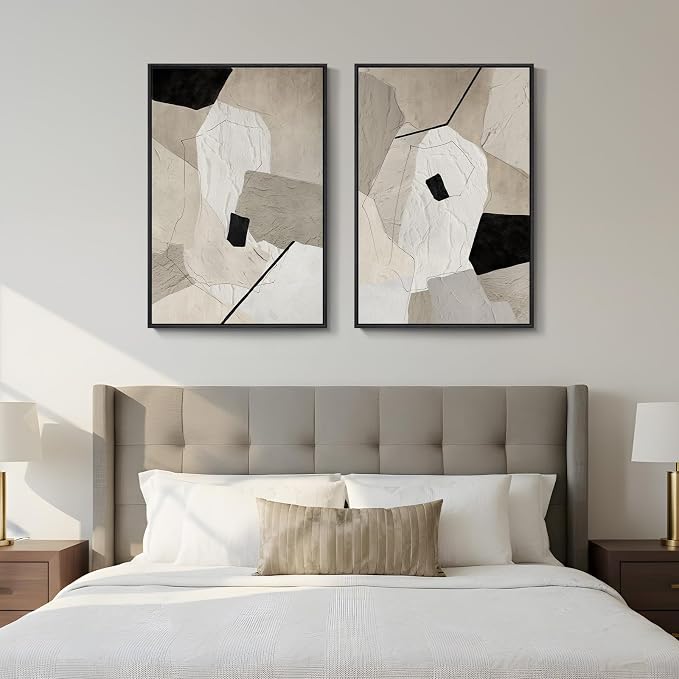 Framed Neutral Beige and Black Abstract Wall Art - Image 3