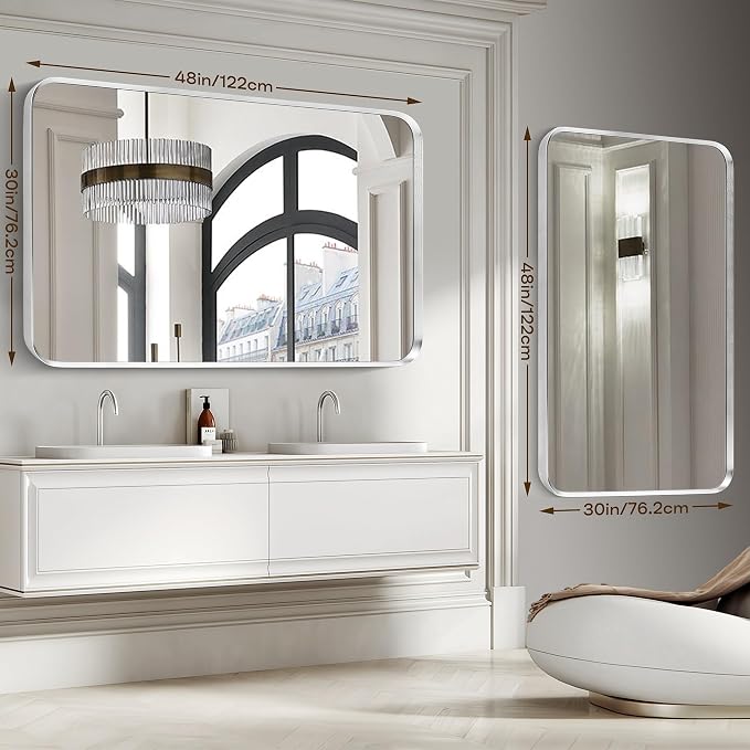 Brushed Nickel Bathroom Wall Mirror, Tempered Glass, Shatter Proof, Hangs - Image 2