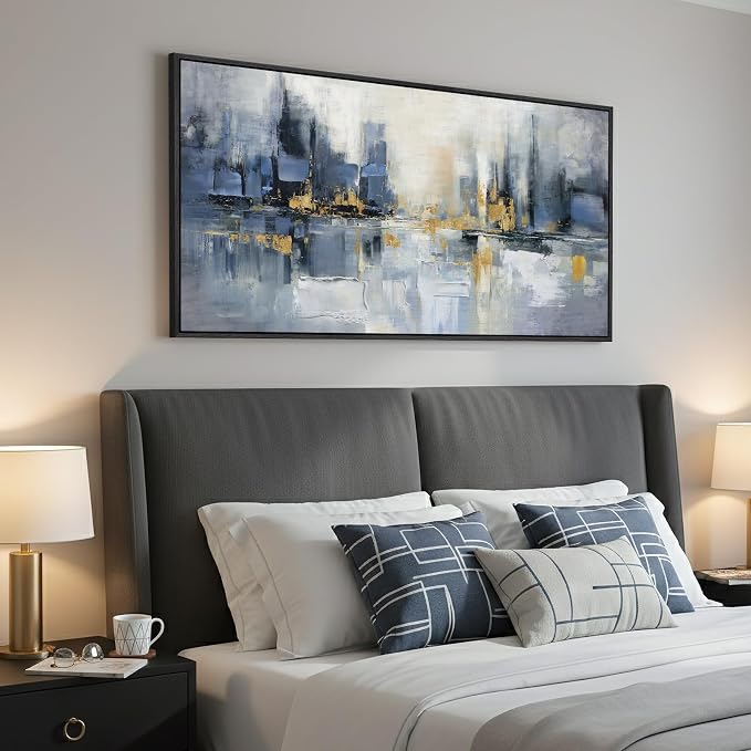 Framed Blue Abstract Wall Art for Living Room, Extra Large Modern Cityscape - Image 2