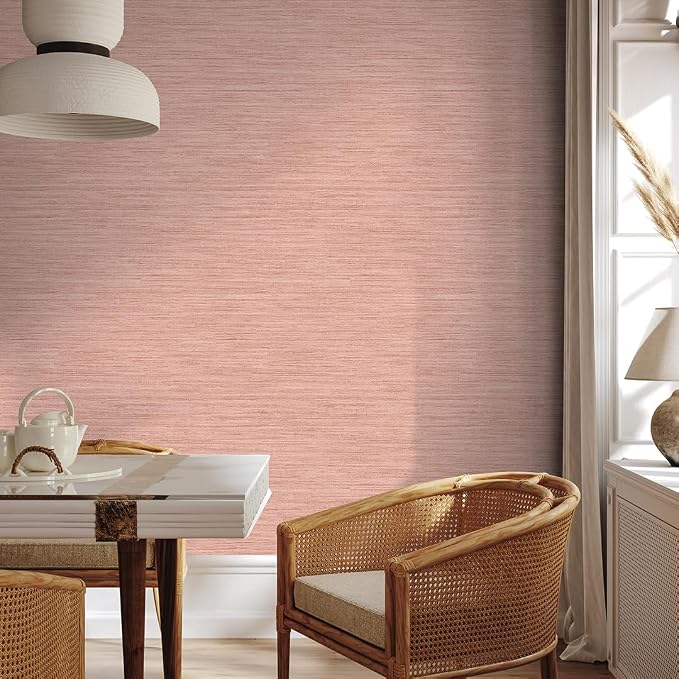 Tempaper Textured Salmon Pink Horizontal Faux Grasscloth Removable Peel and - Image 4