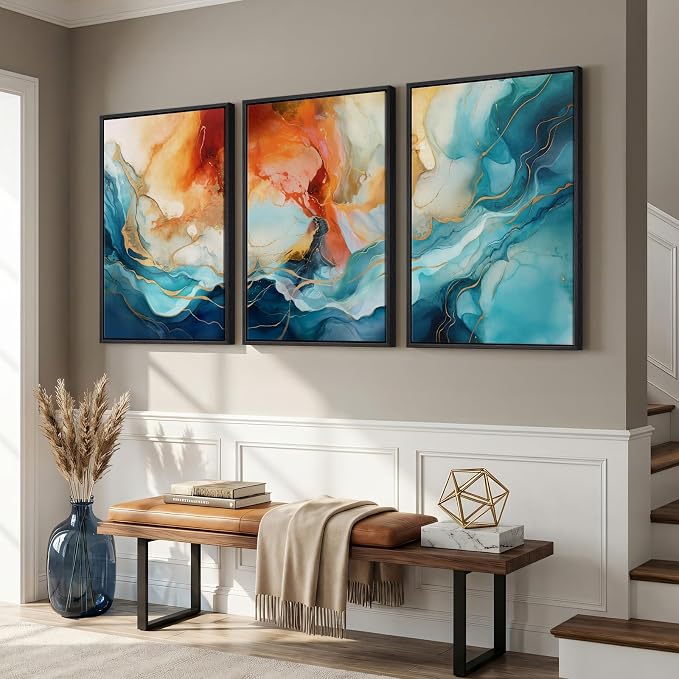 Large Framed Blue and Orange Abstract Wall Art - Image 4