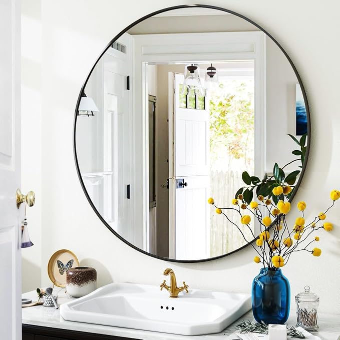 VooBang Black Round Bathroom Mirror, 30 inch Circle Wall Mounted Hanging Mirror - Image 7