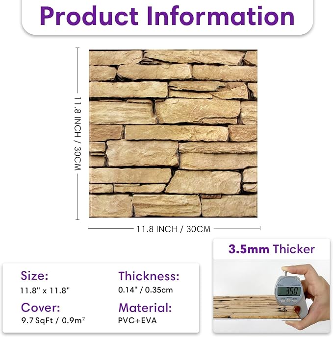 3D Peel and Stick Faux Stone Wall Panels 11.8" x 11.8" 10-Pack, Stone-Look Wall - Image 3