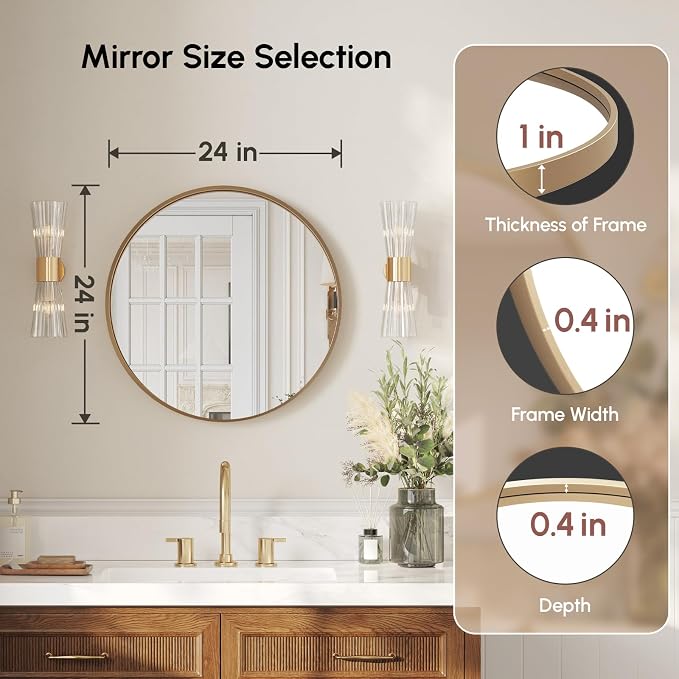 USHOWER Gold Bathroom Mirrors for Over Sink, 24 Inch Circle Mirror - Image 4