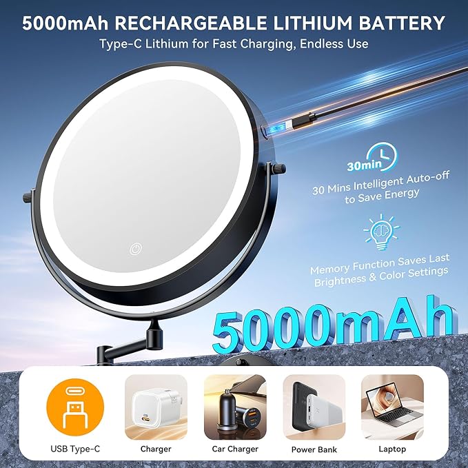 10'' 30X/1X Wall Mounted Lighted Makeup Mirror, 5000mAh Rechargeable - Image 3