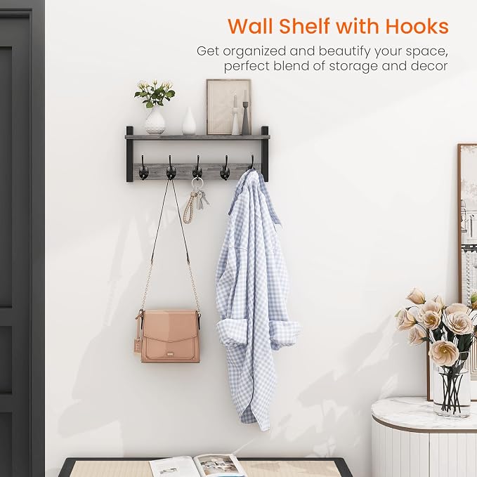 Homode Wall Hooks with Shelf, Coat Rack Wall Mount, Entryway Shelf with Hooks - Image 2