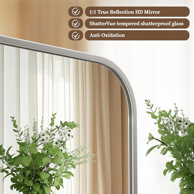 BEAUTYPEAK Silver Wall Mounted Bathroom Mirror, Aluminum Alloy Frame Bathroom - Image 2