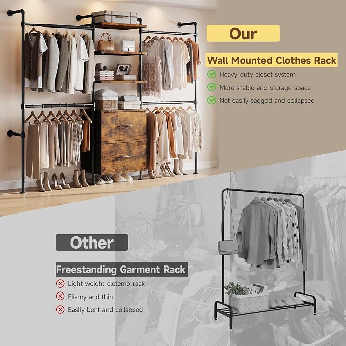 ONBRILL T2 Wall Mounted Industrial Pipe Clothing Rack, Closet Organizers and - Image 6