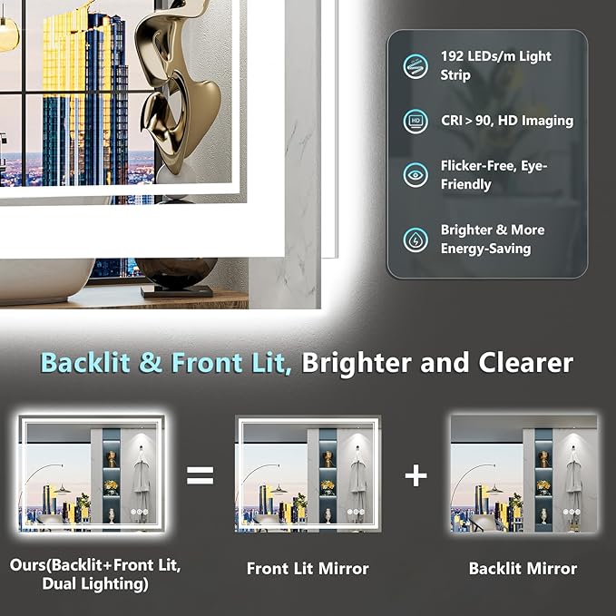 44x36 LED Bathroom Mirror with Lights, Backlit and Front Lit Anti-Fog Lighted - Image 3