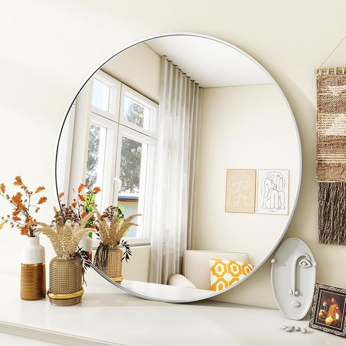 VooBang Silver Round Bathroom Mirror, 24 inch Circle Wall Mounted Hanging Mirror - Image 4