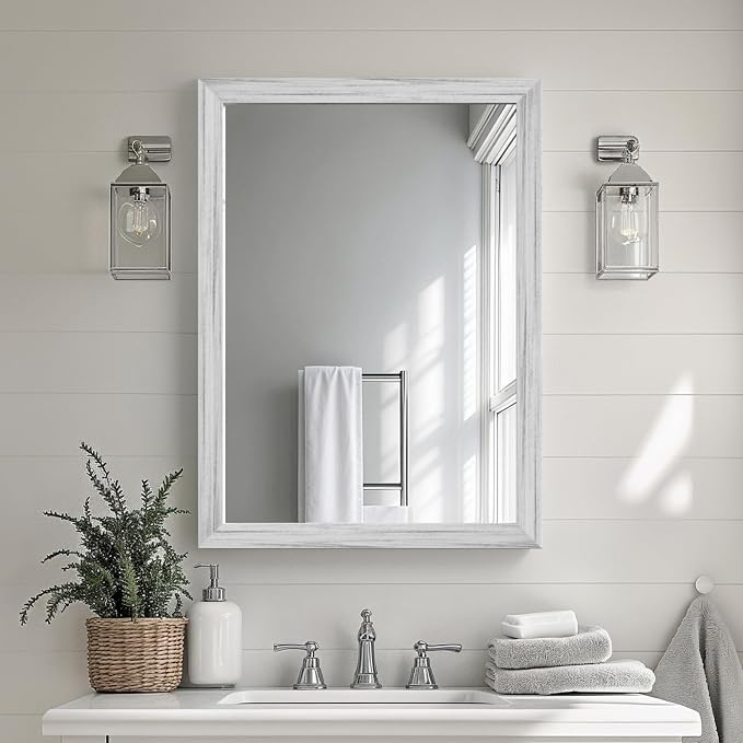 White Grey Wood Effect Framed Wall Mirror, 22x30 Rectangle Mirror, by Ultrue