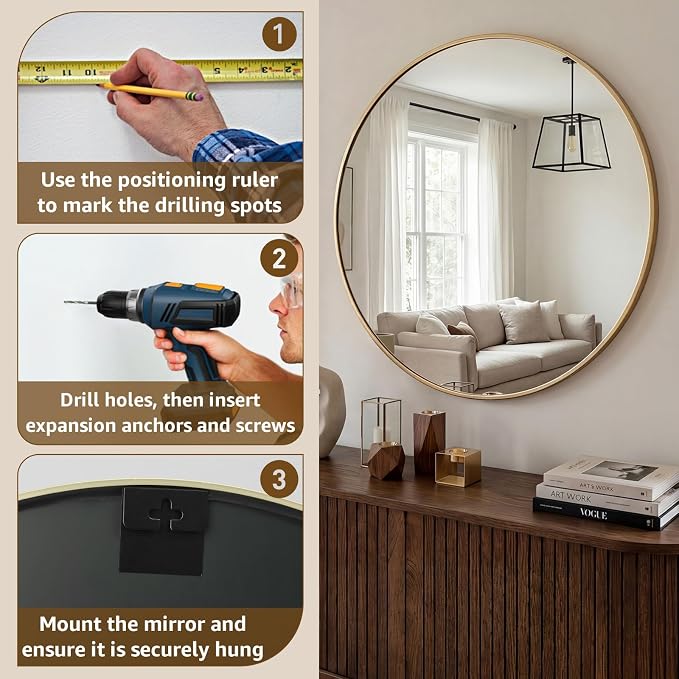 DUMOS 24 Inch Round Wall Mirror, Bathroom Mirror - Image 7