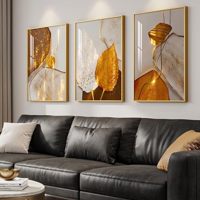 Framed Modern Luxury Wall Art for Living Room, Large White and Gold Leaf - Image 2