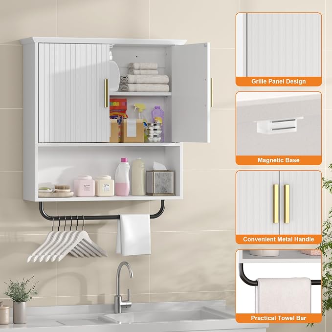 Bathroom Wall Cabinet with Towel Bar, 2 Doors & Adjustable Shelves - Image 3