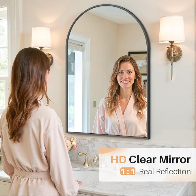 Bathroom Mirror for Wall, 36x24 Inch Arched Mirror, Matte Black Metal Framed - Image 8