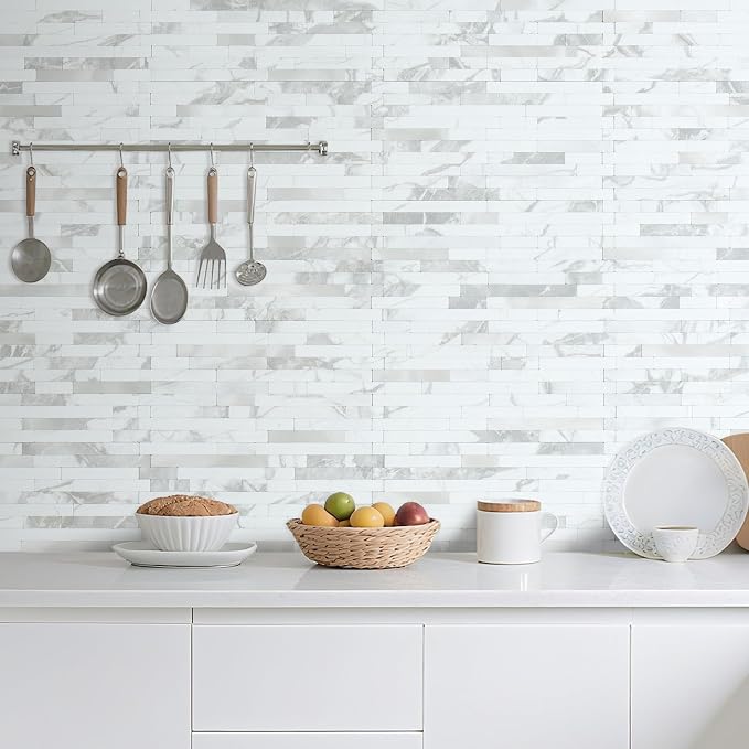 AULIGET 20 Sheets White Stone Peel and Stick Backsplash, PVC Mixed Metal Silver - Image 6