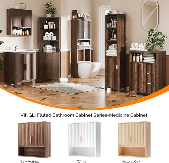 VINGLI Bathroom Wall Cabinet, Walnut Fluted Medicine Cabinet - Image 6