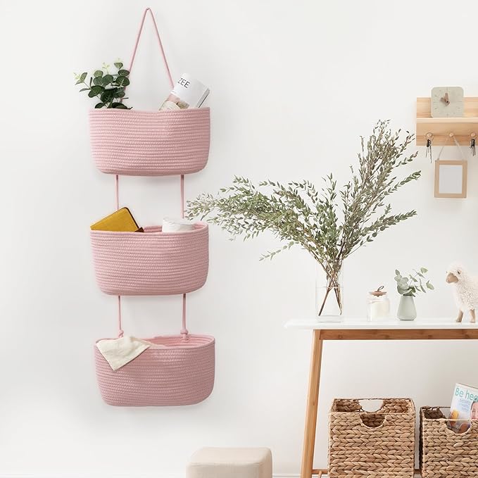 TeoKJ Over the Door Hanging Basket, 3-Tier Woven Cotton Wall-Mounted Storage - Image 5