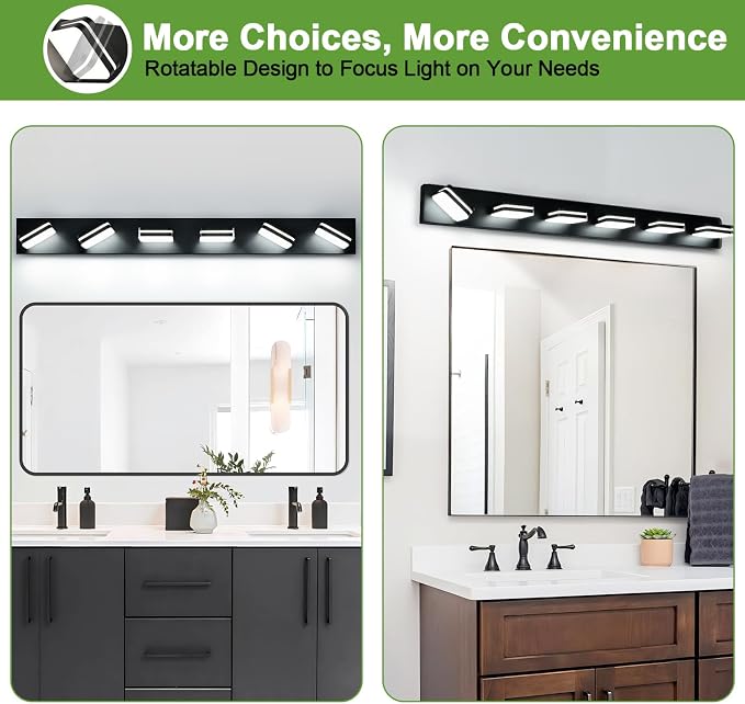 360° Rotate LED Bathroom Vanity Light Fixtures, 2500LM Acrylic Matte Black - Image 6