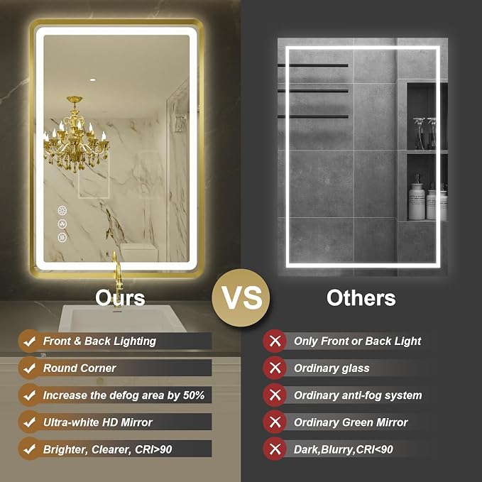 24''x36'' Gold Framed LED Bathroom Mirror - Image 3