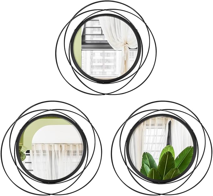 3 Set 13 inch Black Circle Mirrors Wall Decor Iron Frame Wire Mirror Metal by Cityelf