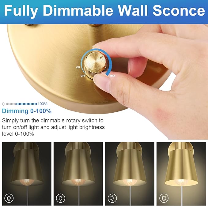 VATONI Plug in Wall Sconces, Dimmable Wall Sconces Adjustable Angle Wall Lights - Image 2