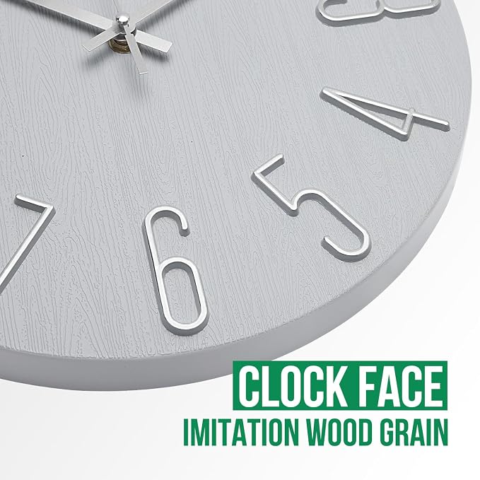 Wall Clock 12 Inch Silent Non-Ticking Imitation Wood Indoor Clock Round Gray - Image 5