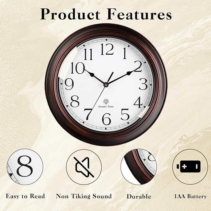 KECYET Atomic Wall Clock 10 Inch, Silent Non-Ticking Vintage Clock Battery - Image 5