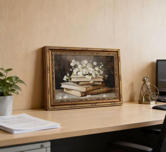 Vintage Gold Framed Wall Art Retro Moody Books and Flowers Oil Painting Canvas - Image 8