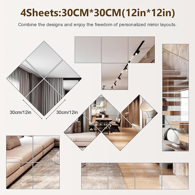 Shiftshade 4 Pack Wall Mirror Full Length, 12 x 12 Inch Acrylic Mirror Tiles - Image 2