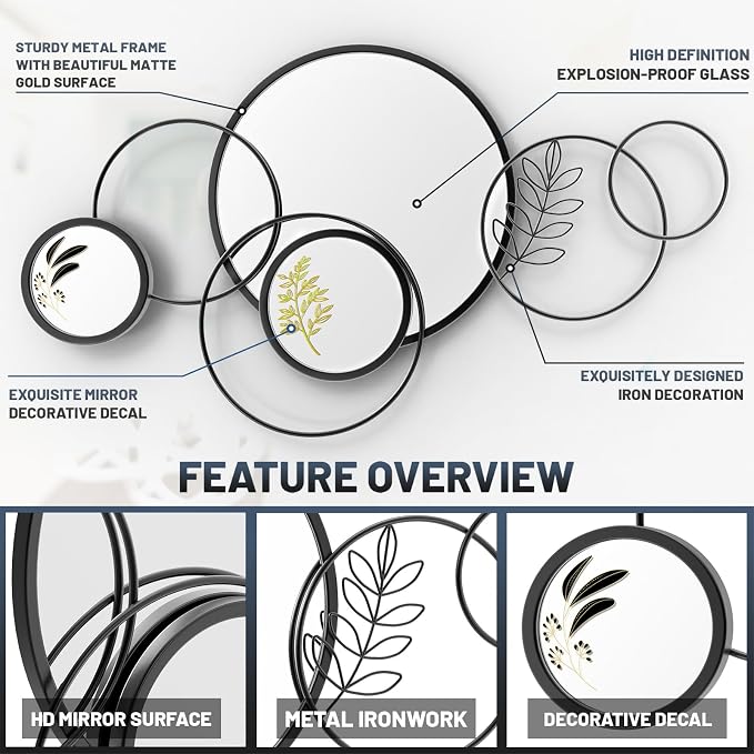 Wall Mirror Decorative, Print Round Decorative Mirrors, Large Decor Metal Wall - Image 3