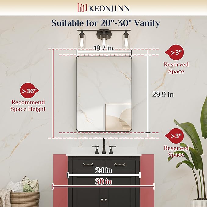 Keonjinn Black Bathroom Mirror, 20 x 30 Inch Rounded Rectangle Bathroom Mirrors - Image 5