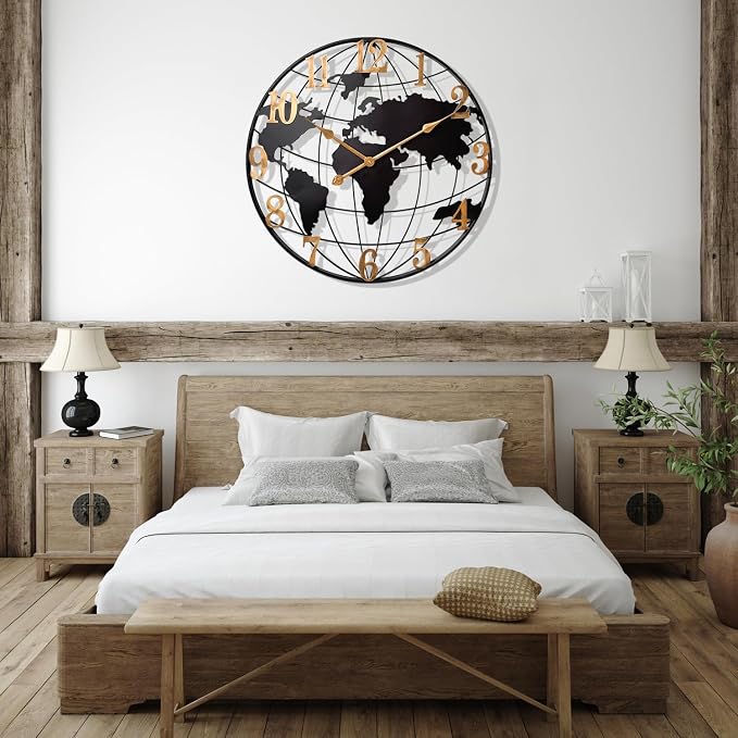 Large World Map Wall Clock, Metal Minimalist Modern Clock, Round Silent - Image 4