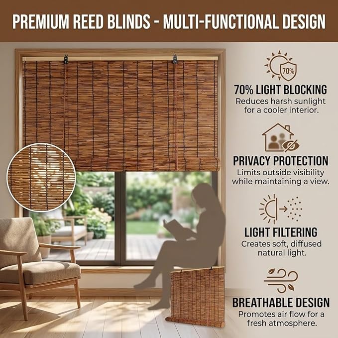 Bamboo Blinds for Patio, Outdoor Bamboo Roll up Shades, Waterproof Cordless - Image 3