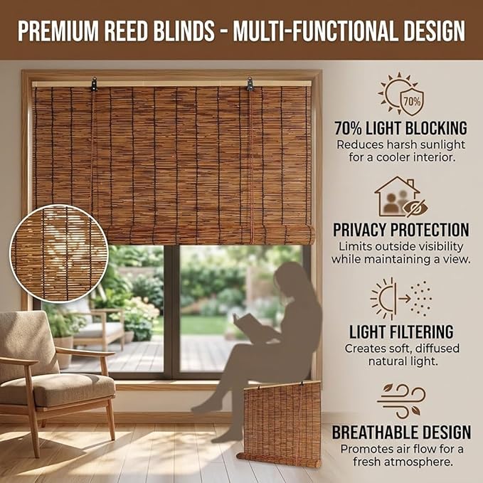 Bamboo Blinds for Patio, Outdoor Bamboo Roll up Shades, Waterproof Cordless - Image 3
