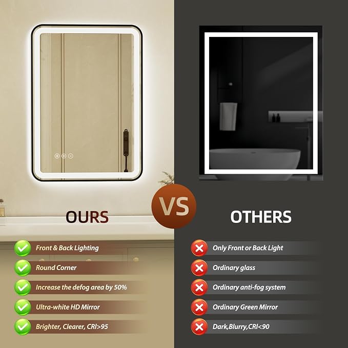 20x28 Inch Black Framed LED Bathroom Mirror - Image 6