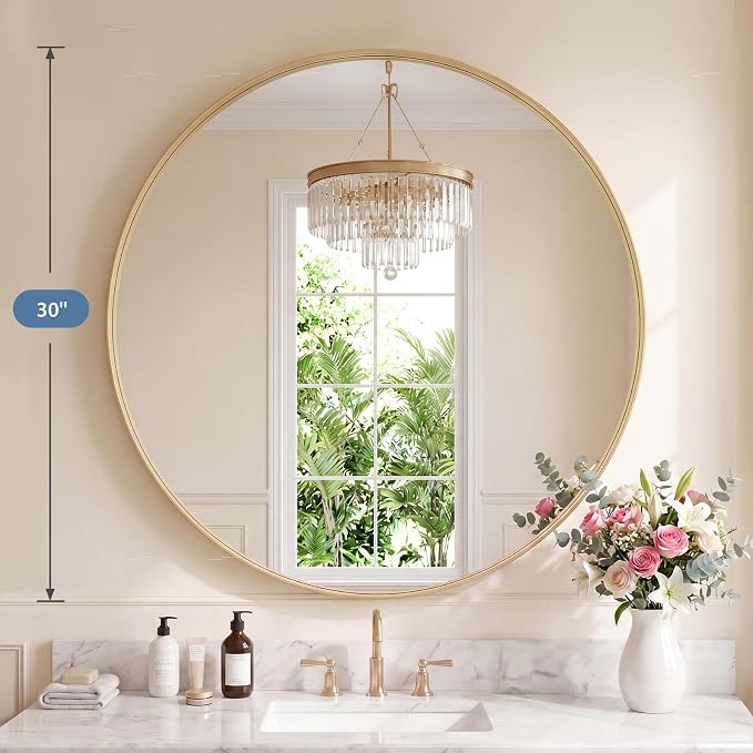DUMOS 30-Inch Round Wall Mirror, Bathroom Wall Circle Mirror - Image 2