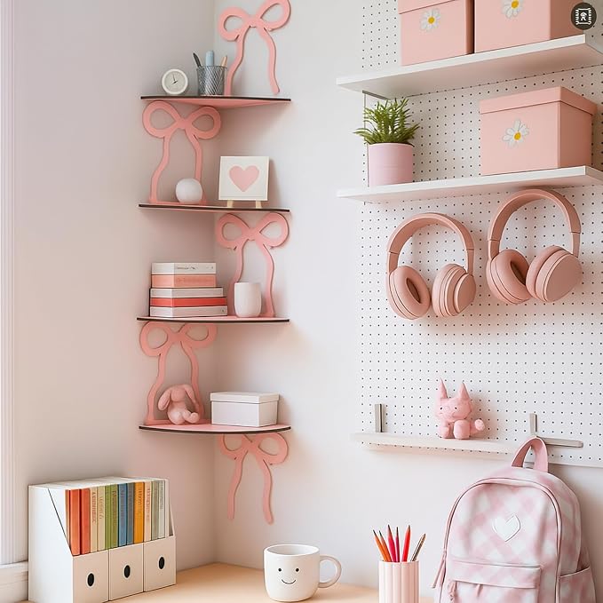 Kathfly 4 Tie Pink Bow Corner Shelf Wall Mounted Pink Floating Wood Corner - Image 2