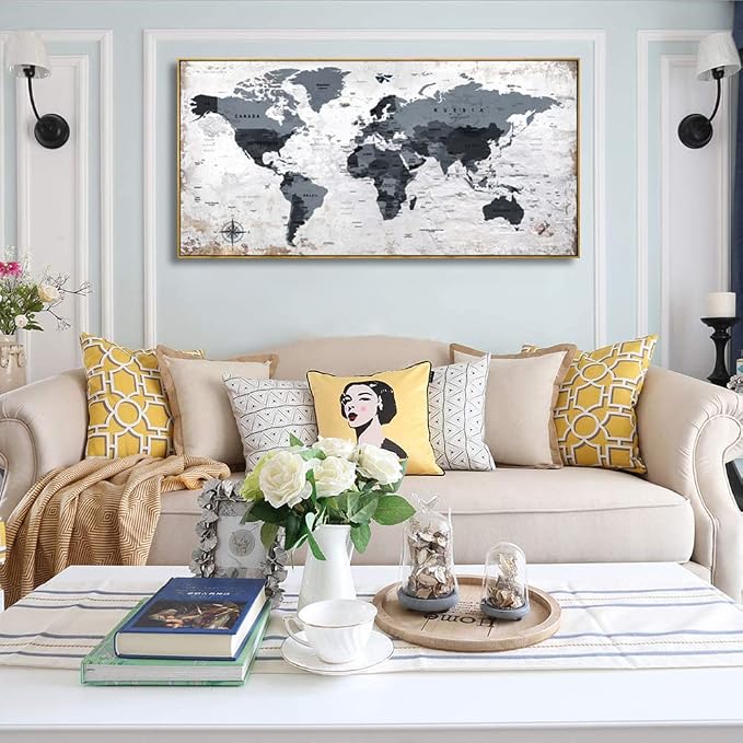 Framed wall art World Map Wall Art Canvas Picture 30inchx60inch Large Black and - Image 4