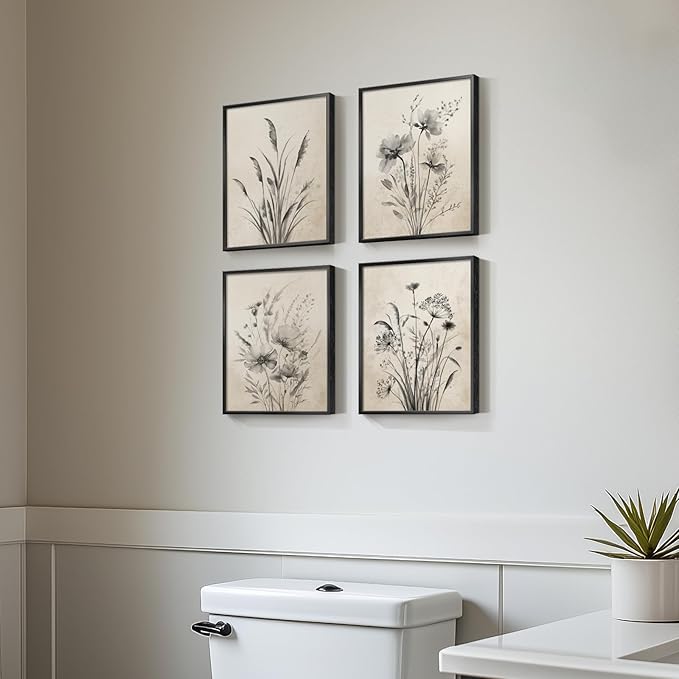 Framed Vintage Botanical Wall Art, 4 Piece Boho Rustic Floral Canvas Painting by Cuspin