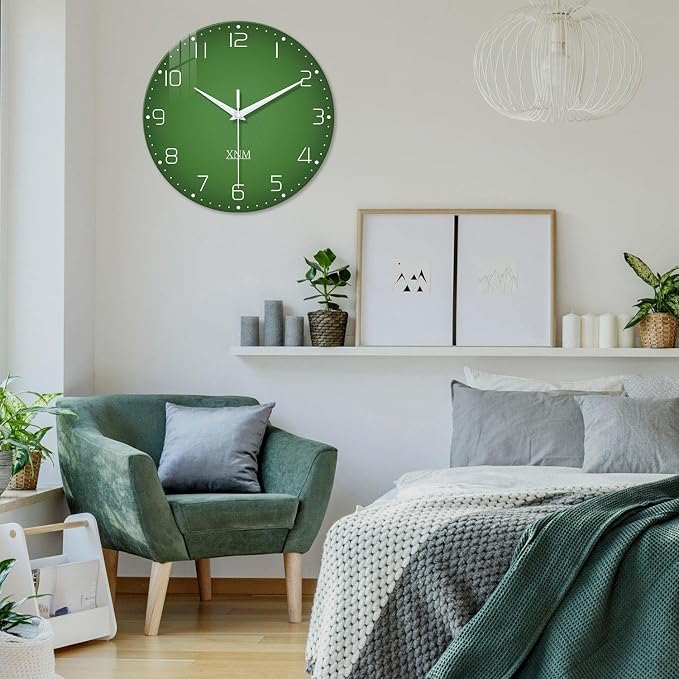 XNM Bedroom Clock Battery Operated Glass Minimalist Green Wall Clock 12 Inch - Image 4