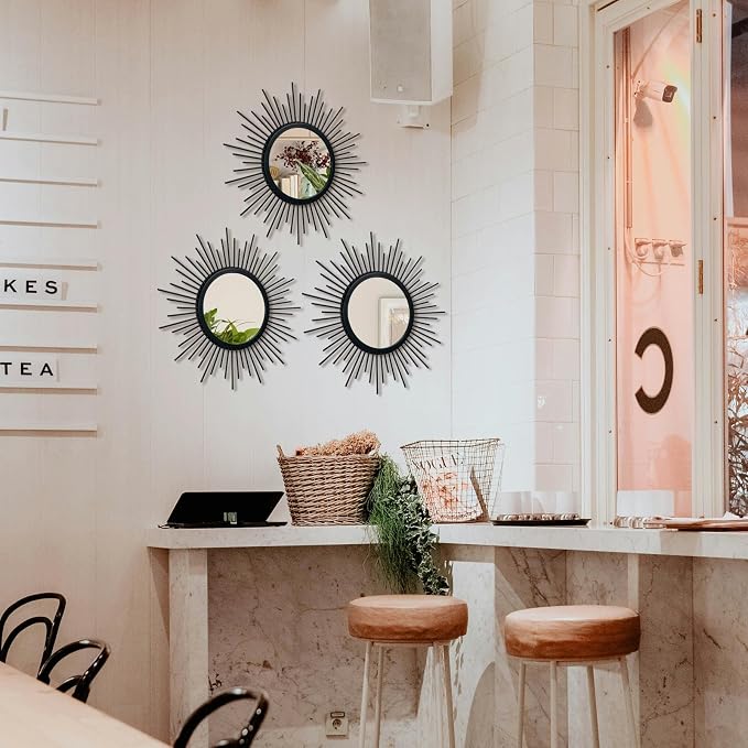 3 Set Black Sunburst Mirrors for Wall Decorative Metal Mirrors Small Mirror - Image 3