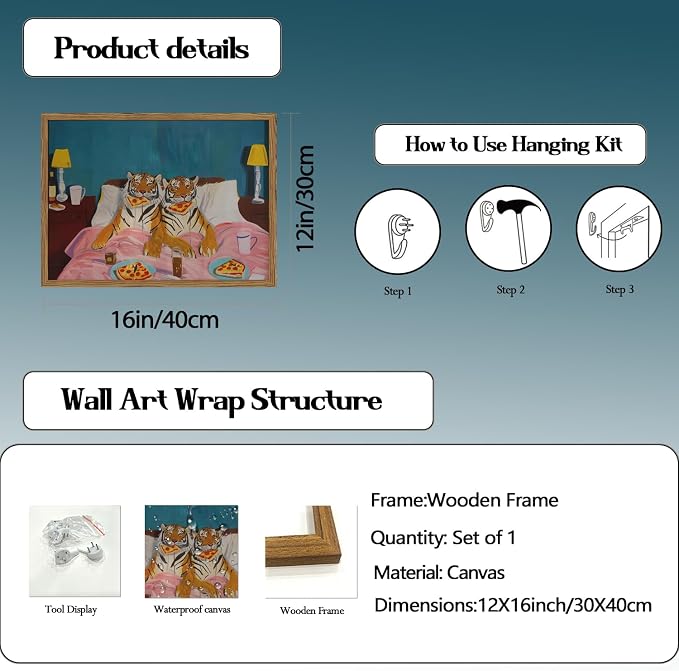 Framed Funny Tiger Wall Art, Eclectic Tigers Eating Pizza in Bed Pictures Wall - Image 5