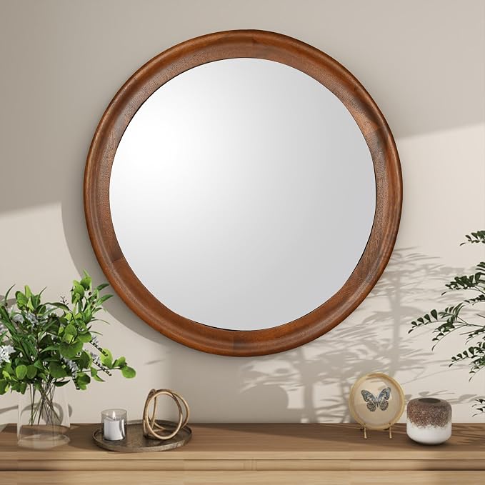 CULER Round Wall Mirrors 24 Inch, Wood Rustic Decorative Transitional Mirror - Image 2