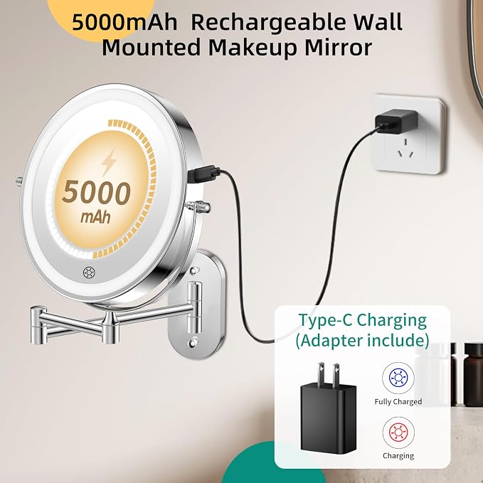 FUNTOUCH 5000mAh Rechargeable Wall Mounted Makeup Mirror - Image 3