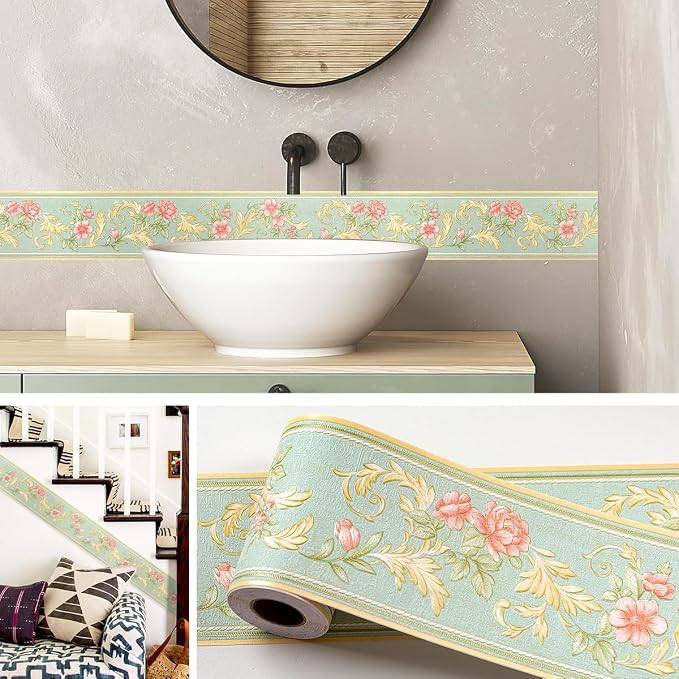 AbaBoorty Green Floral Wallpaper Border Decor 196"X4.1" Peel and Stick Wall - Image 2